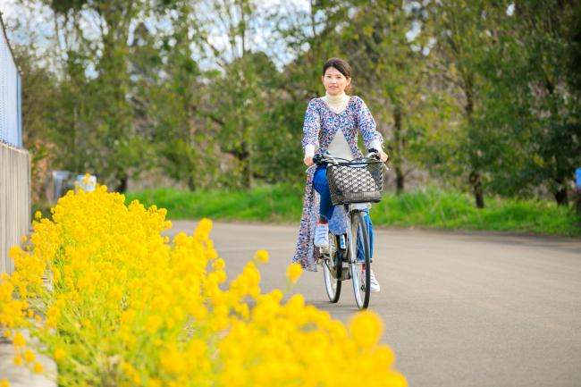 坂田跨道橋を自転車で走っている女性の写真