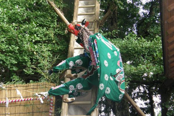 獅子が梯子の上で曲芸を披露している。